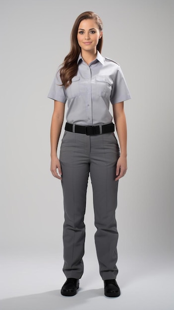 Photo a woman in a gray shirt and gray pants stands in front of a white wall