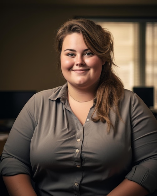 a woman in a gray shirt sitting in an office