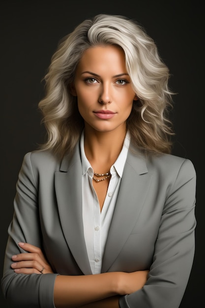 Woman in gray suit and white shirt with her arms crossed. Generative AI.