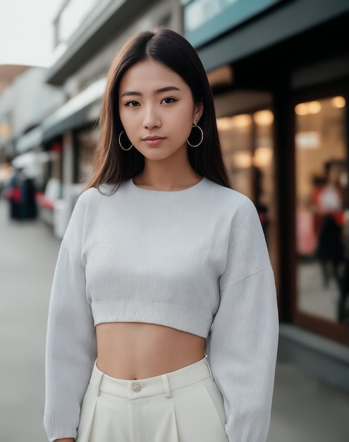 A woman in a gray top and white skirt stands in front of a storefront.