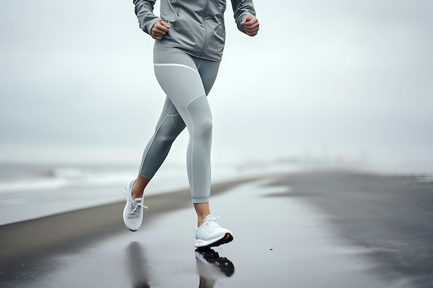 Woman in a gray tracksuit jogging along the seashore in cloudy foggy weather Horizontal photo
