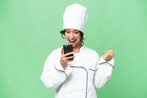 Woman over green background