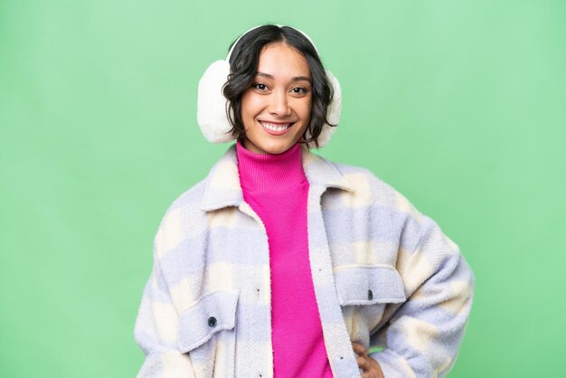 Woman over green background