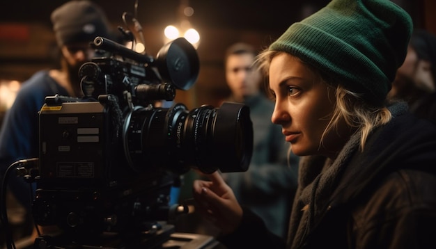 A woman in a green beanie looks at a camera.