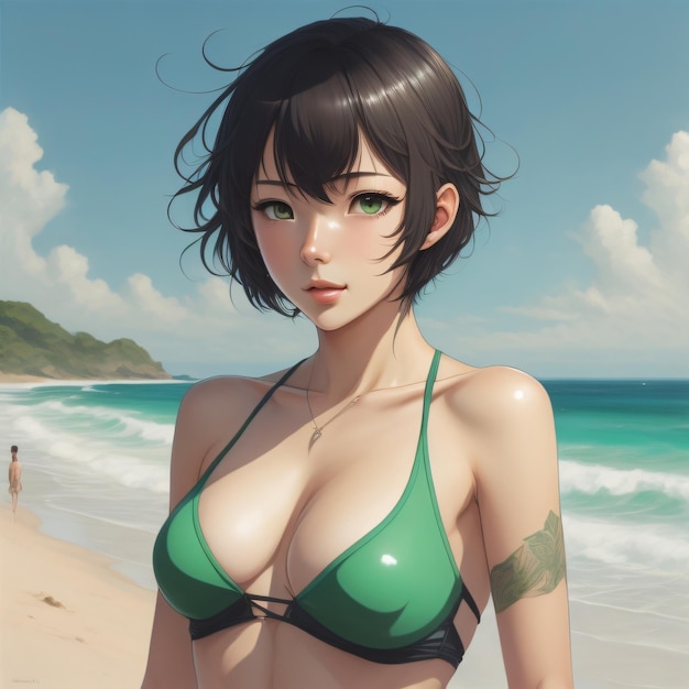 A woman in a green bikini with a blue sky in the background