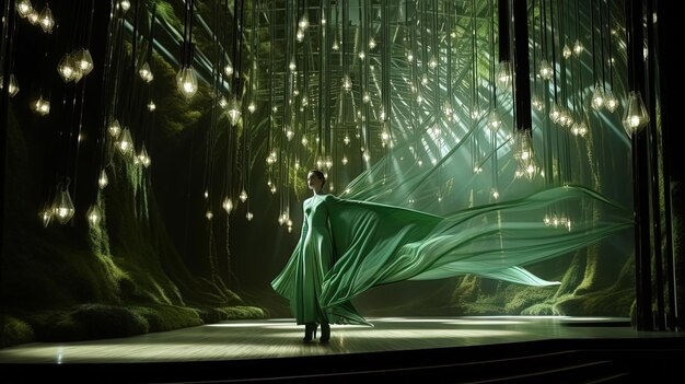 Photo a woman in a green cape stands in front of a green curtain