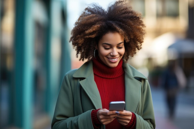 Photo woman in green coat looking at smart phone