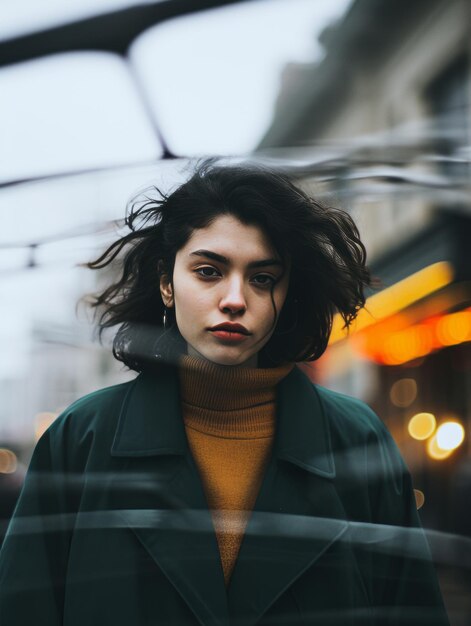 a woman in a green coat standing in front of a car