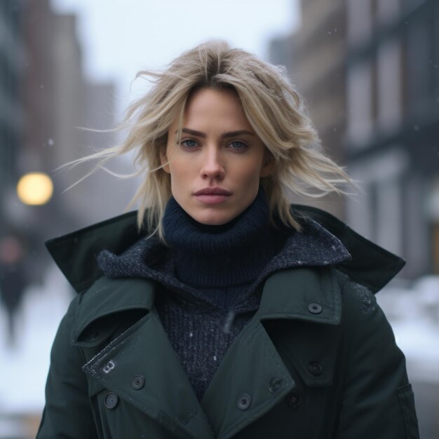 A woman in a green coat standing in the snow