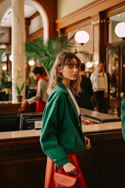 a woman in a green coat stands in front of a mirror