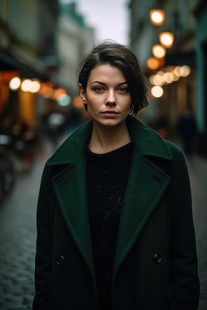 На улице стоит женщина в зеленом пальто.