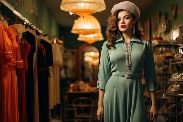 A woman in a green dress and hat standing in a store