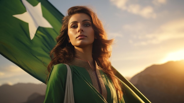 Woman in Green Dress Holding Flag