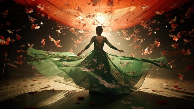 Photo a woman in a green dress is dancing in a room with a bunch of flowers