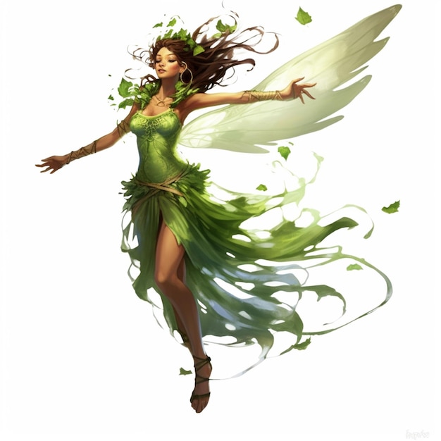 Photo a woman in a green dress is flying with her arms outstretched generative ai