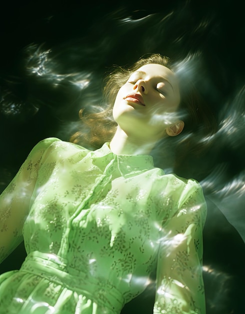 a woman in a green dress is sleeping under a water with her eyes closed.