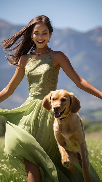 초록색 드레스를 입은 여자가 개와 함께 미소 짓고 있다