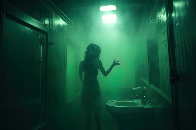 Photo a woman in a green dress is standing in a bathroom with a green light on the wall