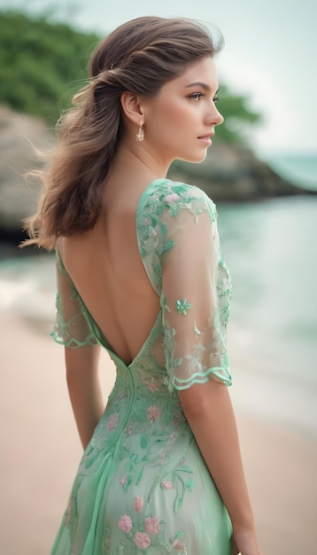 a woman in a green dress is standing on the beach