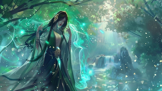 a woman in a green dress is standing in a forest with a waterfall in the background