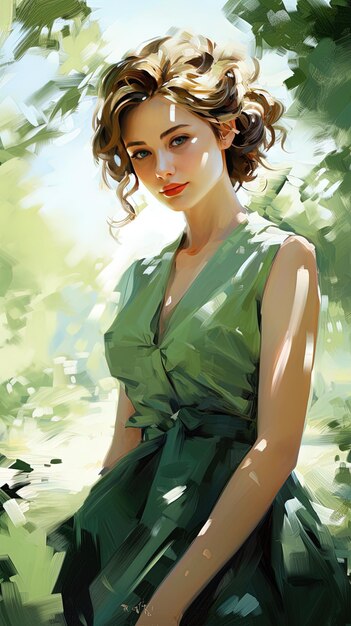 A woman in a green dress is standing in a forest.