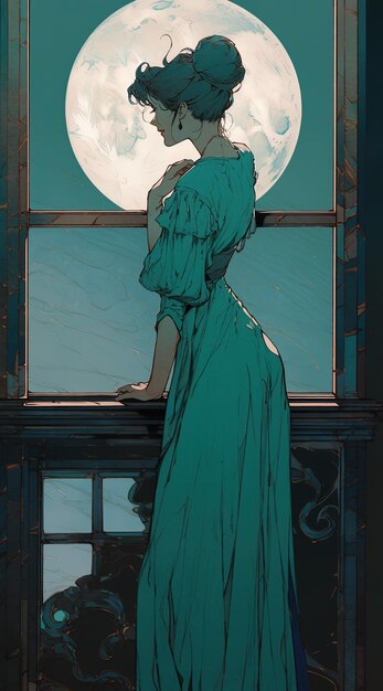 Photo a woman in a green dress is standing in front of a window with a moon in the background
