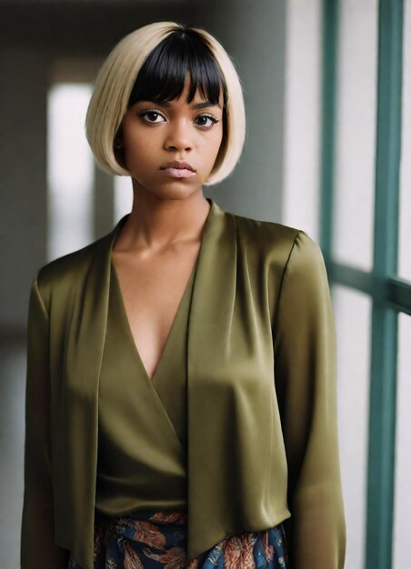 Photo a woman in a green dress is standing in front of a window