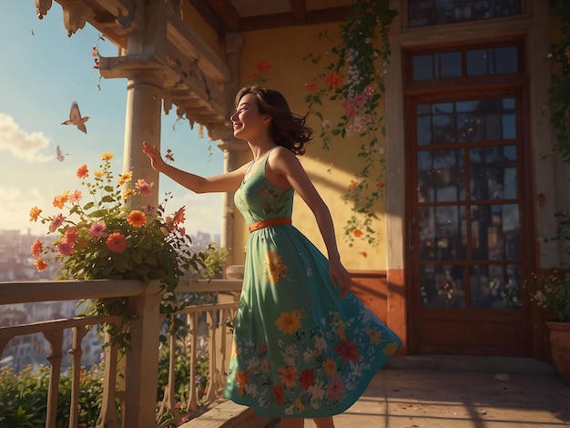 a woman in a green dress is standing on a porch