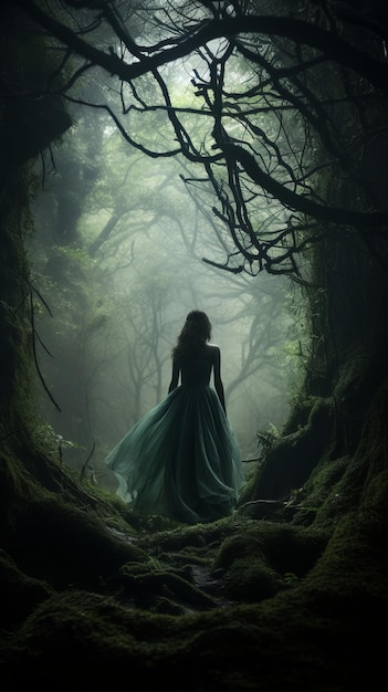 緑のドレスを着た女性が暗い森を歩いている