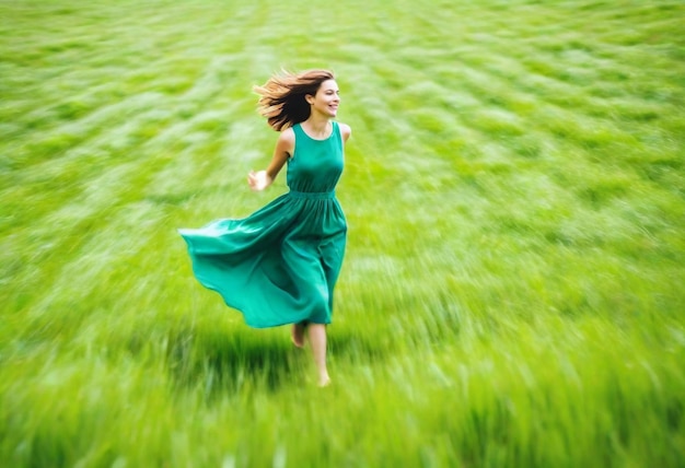 a woman in a green dress runs through a field of wheat