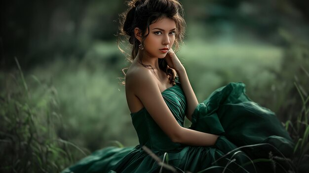 a woman in a green dress sits in the grass