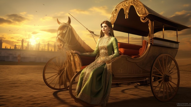 Женщина в зеленом платье сидит в повозке, запряженной лошадьми.
