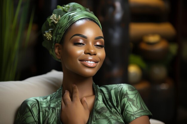 Woman in Green Dress Sitting on Couch