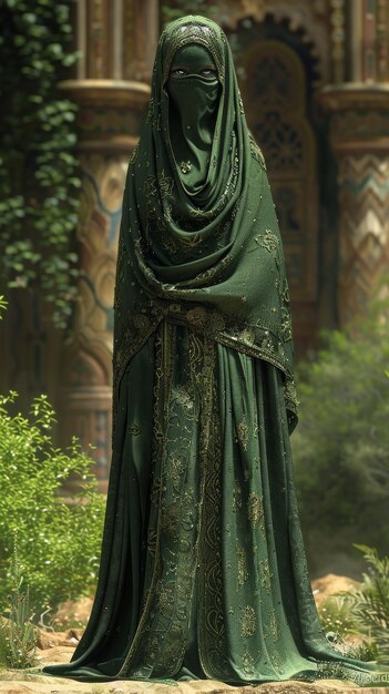 Женщина в зеленом платье стоит перед зданием