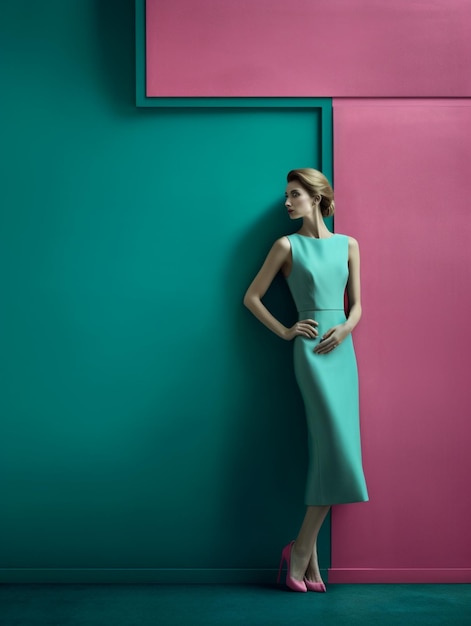 A woman in a green dress stands against a pink and blue wall.