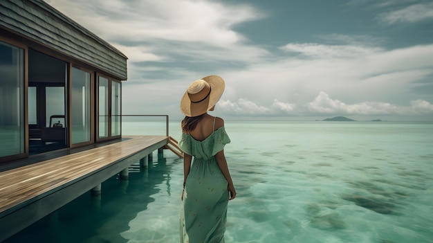 Photo a woman in a green dress stands on a dock in front of a tropical sea.