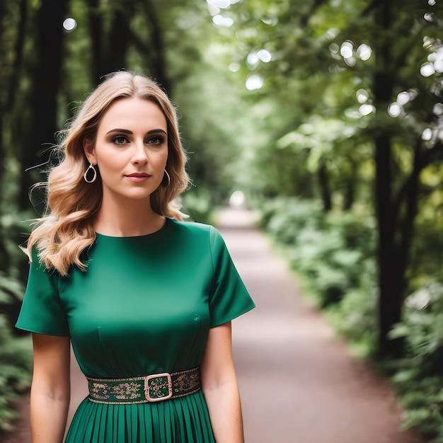 A woman in a green dress stands in a forest