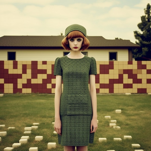 a woman in a green dress stands in front of a brick wall.