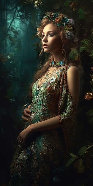 A woman in a green dress stands in front of a forest.
