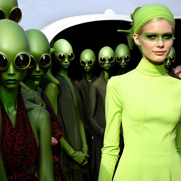 Foto una donna con un vestito verde si trova di fronte a un gruppo di statue aliene aliene
