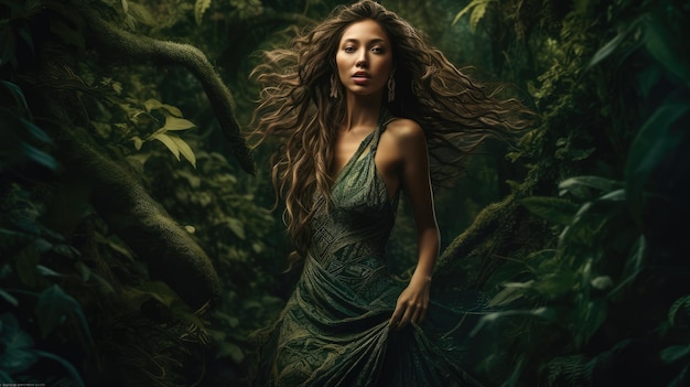 A woman in a green dress stands in the jungle