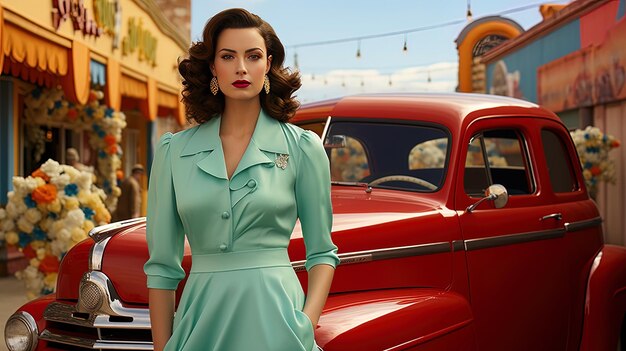 Photo a woman in a green dress stands next to a red car