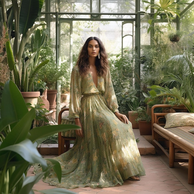 a woman in a green dress stands in a room with plants and plants.