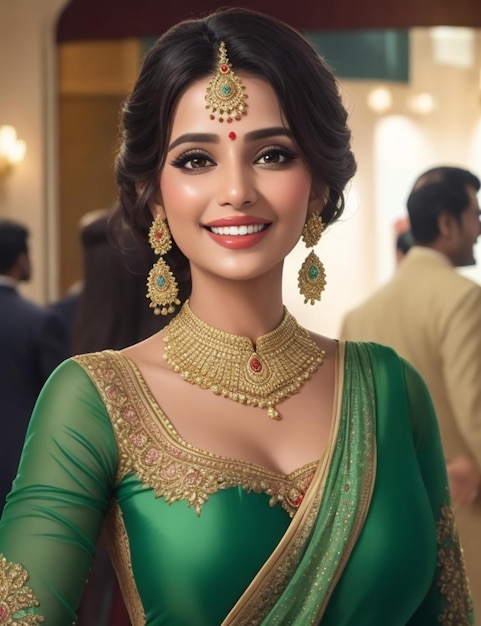 a woman in a green dress with a big smile