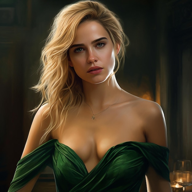 a woman in a green dress with a candle in her hand