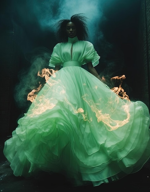 a woman in a green dress with flames on her head is dancing.