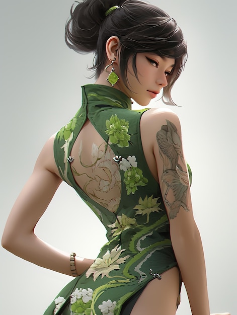 A woman in a green dress with a flower pattern on the back