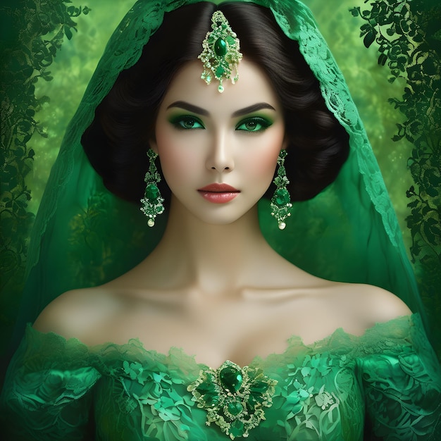 a woman in a green dress with green eyes and a green veil