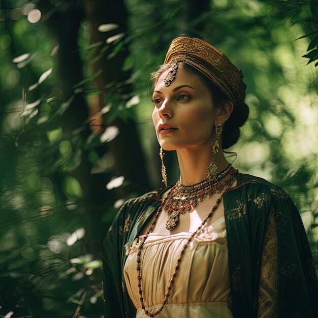 woman in a green dress with a light on her head