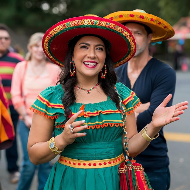 a woman in a green dress with a red and yellow hat